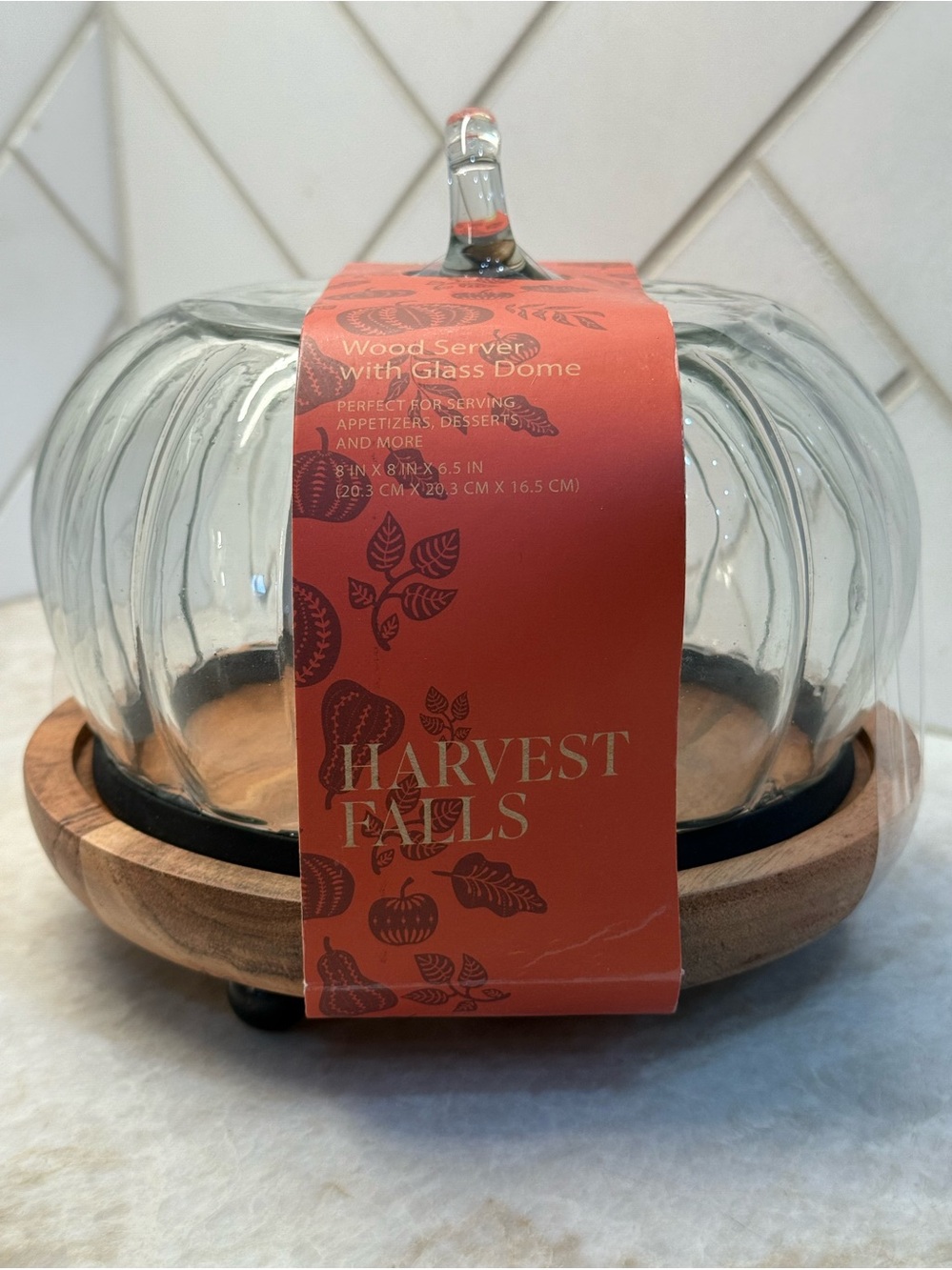 Harvest Fall Pumpkin Cloche Dessert Cake Stand Wood Server Platter Glass Dome